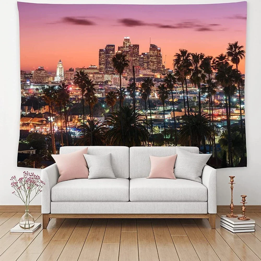 Los Angeles Pink Sunset City Skyline Cityscape Indoor/Outdoor Decor Tapestry